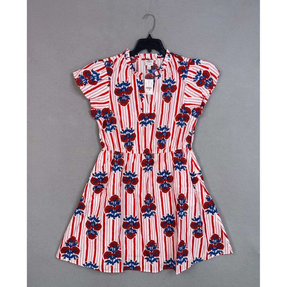 J.Crew Willa Dress Women 12 Red White Blue Floral Stripe Flutter Sleeve Preppy